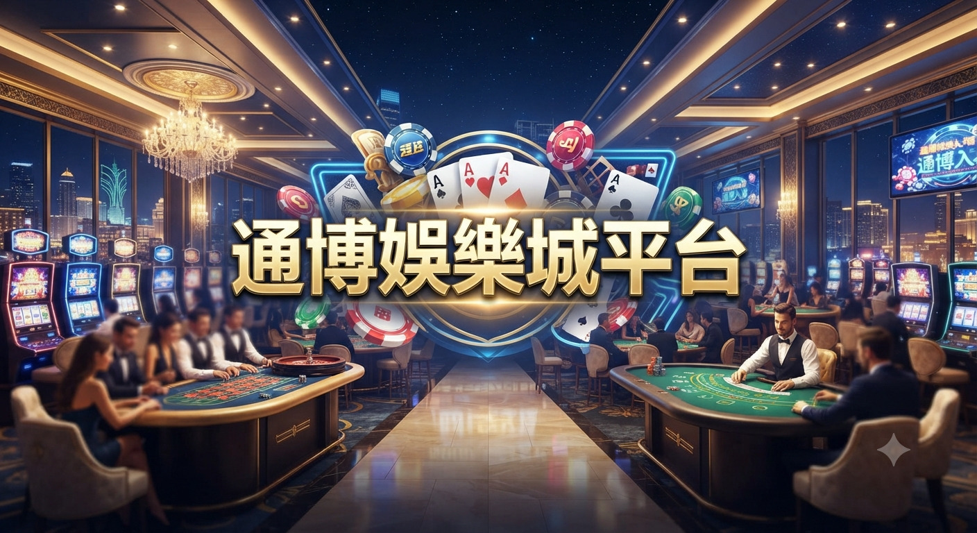 這是一張豪華賭場背景的圖片，中央醒目地呈現了「通博娛樂城平台」的標題文字。 周圍描繪了裝潢精緻的廳堂、賭桌遊戲與遊樂設施，營造出高端且專業的娛樂氛圍。