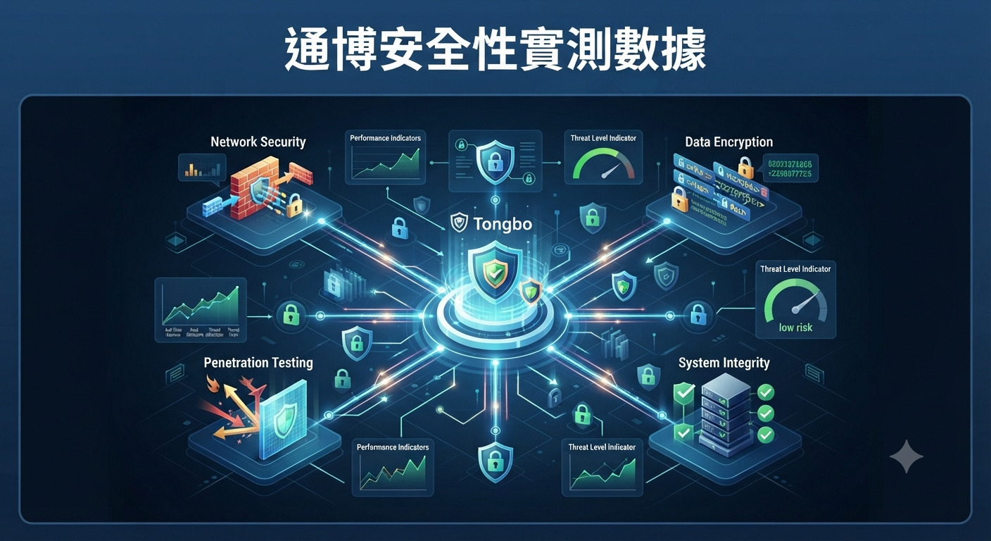 這張圖表展示了通博安全性實測數據的視覺化分析，透過網路安全、數據加密與系統完整性指標呈現防護效能。 中央核心與各項監測數據相互連結，直觀地體現出系統在高安全性與低風險等級下的防禦穩定性。
