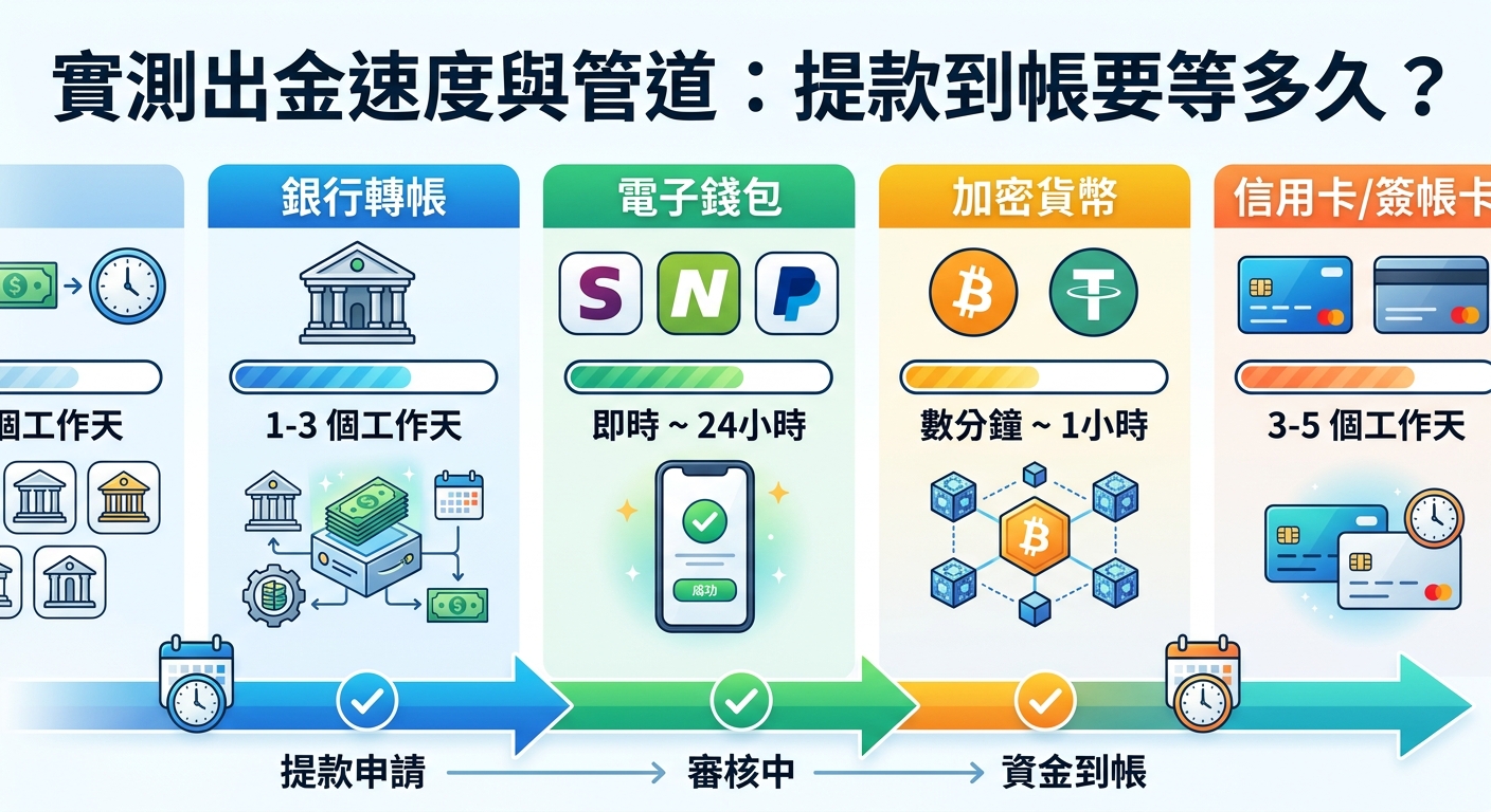 這張圖片展現了不同出金管道（銀行轉帳、電子錢包、加密貨幣與信用卡）的提款速度與實測流程比較。 整體設計以簡潔清晰的圖表結構呈現，並在最上方標註主題標題「實測出金速度與管道：提款到帳要等多久？」。